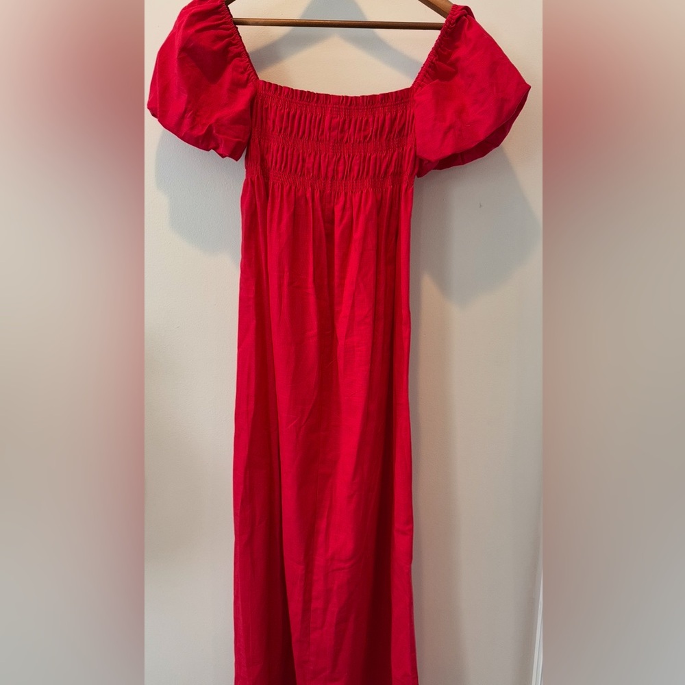 Red Smocked Maxi Dress Linen Blend Puff Sleeve Cottagecore M Kourt - Picture 2 of 6